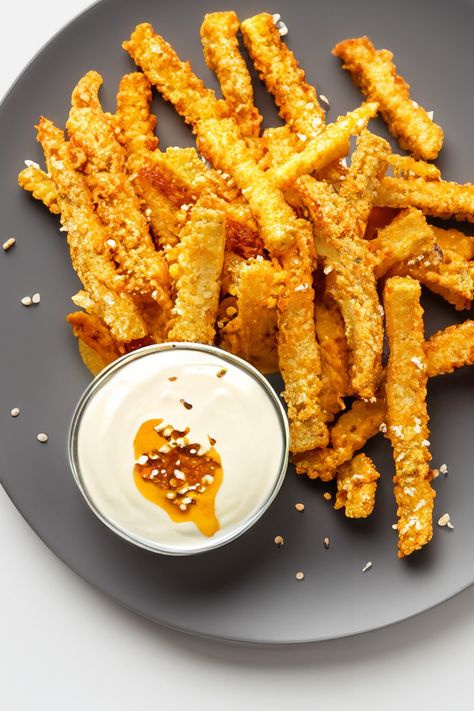 Crispy Tofu Fries - Kelton Maloy Tofu Fries, Breaded Tofu, Tofu Chicken, Chicken Fries, Vegan Egg Substitute, Sriracha Mayo, Seasoned Bread Crumbs, Crispy Fry, Substitute For Egg