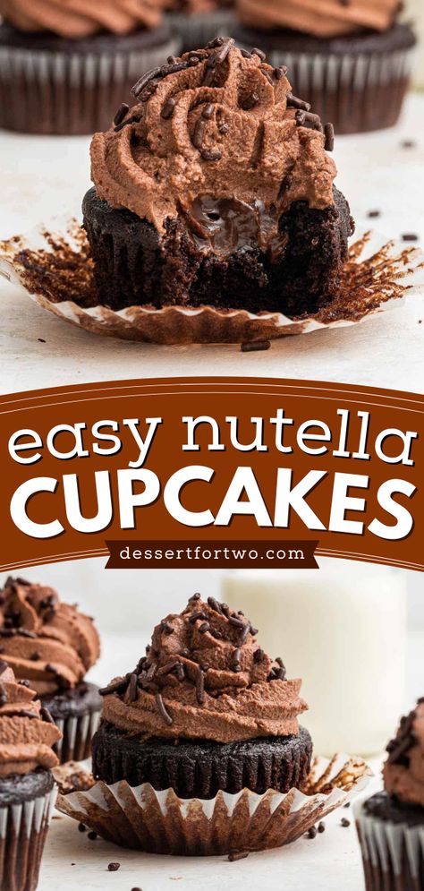 Want more simple sweet treats when small batch baking? Learn how to make Nutella Cupcakes! From the filling to the frosting, these triple chocolate cupcakes are full of Nutella goodness! Save this easy dessert recipe! Nutella Cupcakes Easy, Chocolate Nutella Cupcakes, Nutella Cupcakes Recipe, Simple Sweet Treats, Small Batch Cupcakes, Easy Chocolate Cupcake Recipe, Cream Filled Cupcakes, Batch Meals, How To Make Nutella