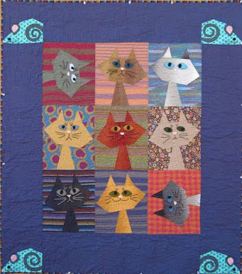 = free pattern = Feline Frenzy quilt by Kimberly Rado, featured at Quilt Inspiration                                                                                                                                                                                 More Cats Quilt, Cat Quilt Block, Cat Quilts, Cat Quilt Patterns, Kids Quilts, Cat Applique, Quilt Modernen, Dog Quilts, Childrens Quilts