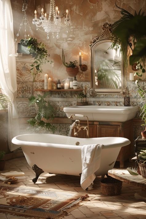 Step Into Luxury: Vintage Bathroom Oasis with Clawfoot Tub & Elegant Accents Romantic Bathtub, Bathroom With Shower And Bath, Fairy Bathroom, Vintage Inspired Bathroom, Romantic Bathrooms, Bathroom Oasis, Spa Day At Home, Luxury Retreats, Clawfoot Tub