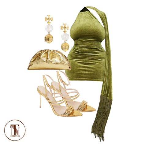 Gold Shoes Green Dress, Green Dress Gold Heels Outfit, Green Dress Black Heels, Green Dress Outfit Black Women, Green Dress Gold Shoes, Green Dress With Gold Accessories, Gold And Green Outfit, Black Women Green Dress, Glamorous Green Club Dress