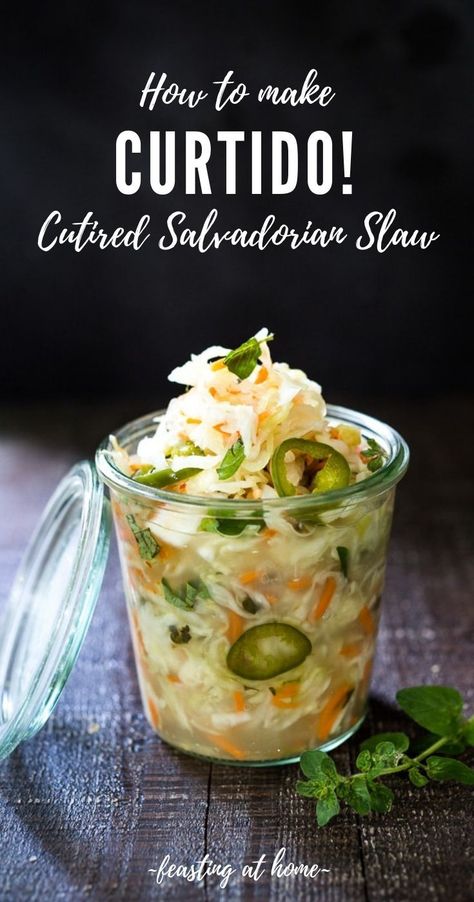 How to make Curtido - A cultured Salvadorian Slaw with cabbage, carrots, onion and oregano. Simple to make, full of healthy probiotics! Use on Tacos, Pupusas, quesadillas or enchiladas as a delicious healthy condiment! #Curtido #fermented #slaw #cultured #kraut  via @feastingathome Curtido Recipe, Gf Sides, Feasting At Home, Kitchen Staples, Healthy Probiotics, Fermented Cabbage, Fermentation Recipes, Fermented Vegetables, Wild Yeast