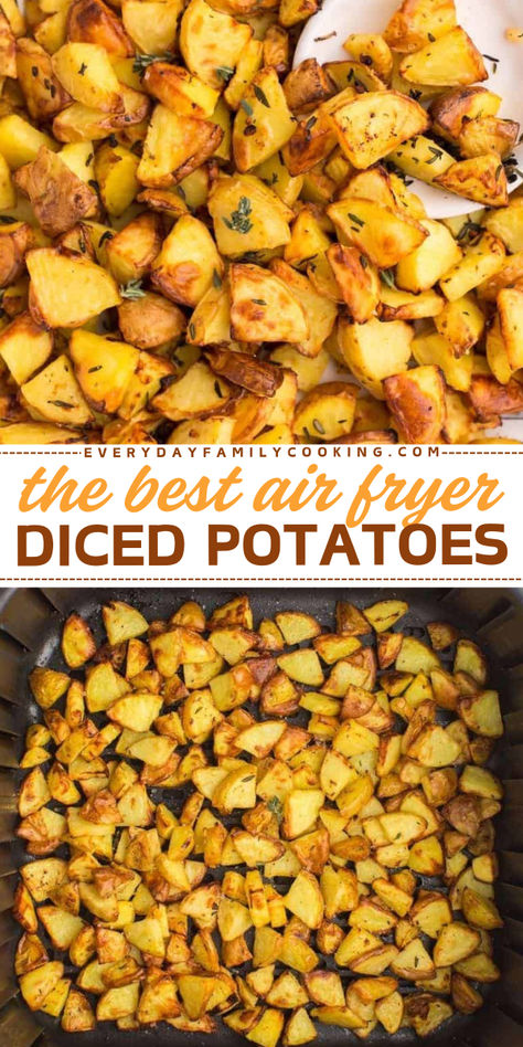 Discover The Best Air Fryer Diced Potatoes! This Christmas side dish recipe is an easy potato dish with minimal prep and simple ingredients like small potatoes, lemon, and thyme. It’s a fool proof recipe that’s sure to impress. Try it today! Shredded Potatoes In Air Fryer, Baked Potatoes In Air Fryer Recipe, Air Fryer Recipes For Potatoes, Prep Potatoes Ahead Of Time, Potato In Air Fryer Oven, Potatoes And Carrots In Air Fryer, Easy Simple Air Fryer Recipes, Airfryer Breakfast Potatoes, Air Frying Potatoes