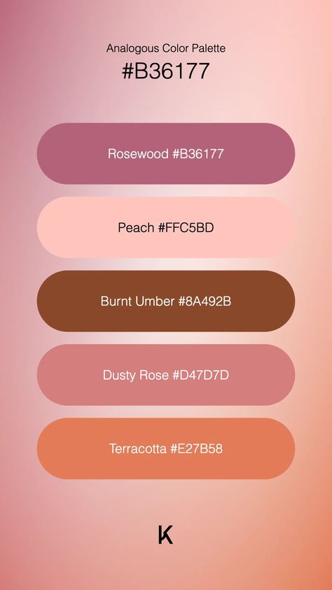 Analogous Color Palette Rosewood #B36177 · Peach #FFC5BD · Burnt Umber #8A492B · Dusty Rose #D47D7D · Terracotta #E27B58 Rust Pink Color Palettes, Burnt Umber Color Palette, Color Hex Palette, Burnt Umber Color, Umber Color, Analogous Color, Rosewood Color, Hex Color Palette, Color Combinations For Clothes