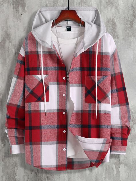 Men 1pc Plaid Dual Pocket Drawstring Hooded Shirt Drop Shoulder Shirt, Hooded Flannel, Mens Flannel Shirt, Flannel Jacket, Comfy Shirts, Sleeves Clothing, Mens Plaid, Hooded Shirt, Outfit Casual