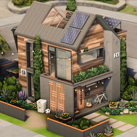 Sims House Ideas Exterior, Eco House Sims 4, Sims4 Build Ideas, Sims House Exterior, Sims 4 Eco Lifestyle House, Eco House Exterior, Sims 4 Building Ideas, Sims Building Ideas, Sims 4 Decor Ideas