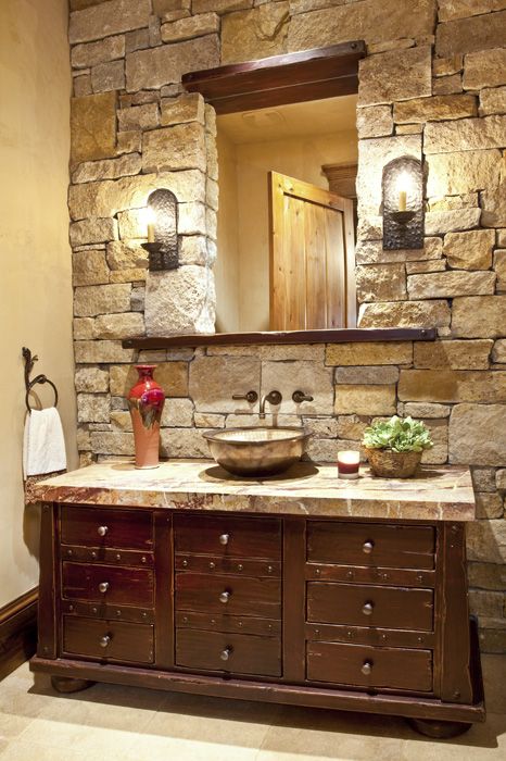 Half Bathroom Decor Ideas, Rustic Powder Room, Rustic Sink, Half Bathroom Decor, Cabin Bathrooms, Stone Bathroom, Country Bathroom, Medieval Style, Rustic Bathrooms