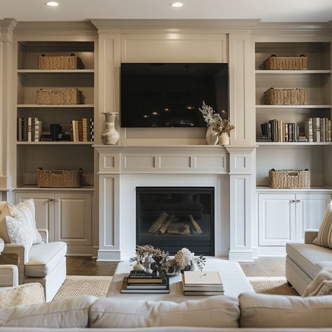 tv mounted above fireplace with shiplap behind it and built ins around fireplace Fireplace With Shiplap And Built Ins, Built In Tv Wall Unit Around Fireplace, Lounge Units Built Ins, Built In Bookshelves Around Electric Fireplace, Tv Bookcase Wall Fireplace, Southern Living Fireplace, Fireplace With Recessed Tv Above, Built In Shelves Living Room Fireplace Tall Ceilings, Fireplace With Tv Above And Built Ins