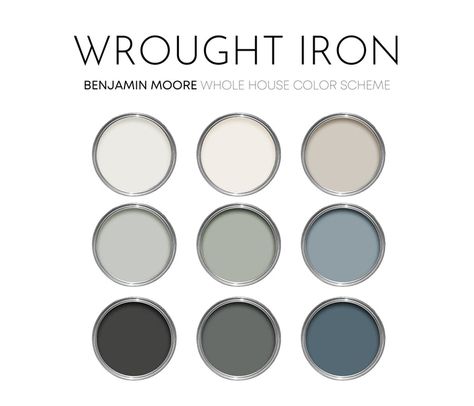 Benjamin Moore – Millie Hart Interiors Wrought Iron Benjamin Moore Color Pallet, Balboa Mist Color Scheme, Benjamin Moore Whole House Color Scheme, Wrought Iron Paint Color, Benjamin Moore Intrigue, Wrought Iron Benjamin Moore, Bm Wrought Iron, Grey Paint Palette, Iron Ore Sherwin Williams