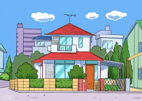 Shinchan House Painting, Doremon House Painting, Shin Chan House Drawing, Shinchan House Drawing, Shin Chan House, Shinchan House, Cartoon Journal, Painted Mirror Art, Anime House