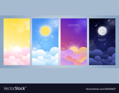 Morning day evening and night sky Royalty Free Vector Image Night Day Painting, Night Vector Illustration, Day To Night Illustration, Day To Night Painting, Day And Night Illustration, Good Morning Painting, Night Sky Vector, Evening Illustration, Evening Drawing