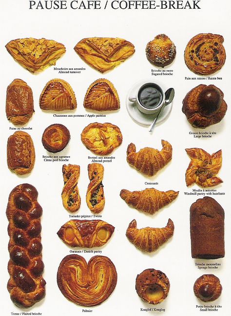 BREAKFAST ~ LE PETIT DEJEUNER~ Coffee and a sweet breakfast pastry. Types Of Pastries, Types Of Breakfast, Breads And Pastries, Breakfast Pastry, French Patisserie, Breakfast Pastries, French Pastries, Artisan Bread, French Food