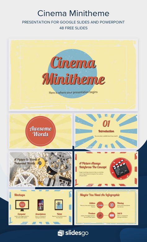 Starring in this template: a retro design, resources, and illustrations of movies! Speak about the seventh art with this design for Google Slides & PPT Retro Powerpoint Template, Retro Powerpoint, Aesthetic Ppt, School Powerpoint Templates, Cute Powerpoint Templates, Keynote Design, Ppt Template Design, Presentation Slides Design, Google Slides Templates