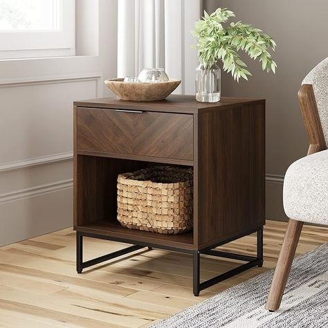 Amazon.com: Nathan James Kensi Nightstand Side Accent or End Table with Storage, Walnut/Black : Home & Kitchen Sofa Table With Storage, Rustic Bedside Table, Displaying Books, Nathan James, Herringbone Wood, Rustic Nightstand, Walnut Nightstand, Herringbone Design, Solid Wood Doors