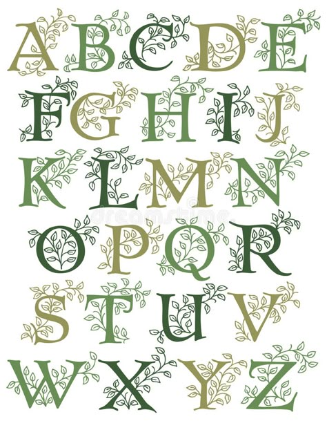 Botanical Alphabet/eps. Hand-drawn alphabet with leafy green vines entwined with capital letters...suitable for drop caps or monograms royalty free illustration Wedding Invitations Illustration, Vine Letters, Botanical Alphabet, Hand Lettering Alphabet Fonts, Vine Drawing, Vine Font, Omerta Tattoo, Green Vines, Hand Lettering Inspiration