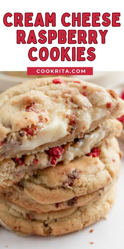 Cream Cheese Raspberry Cookies Cream Cheese Wedding Cookies, Raspberry Almond Cookies, Cream Cheese Cookies Recipes Easy, Cookies With Raspberry Filling, Hersheys Cream Cheese Chips, Raspberry Cheesecake Cookies Crumbl, Lemon Raspberry Cream Cheese Bars, Raspberry Cream Cheese Cookies, Cream Cheese Cookies Recipes