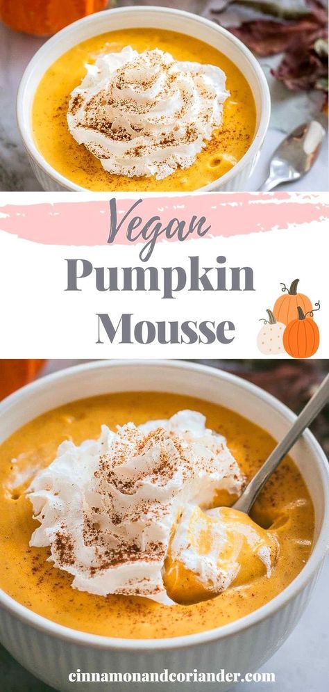 The best recipe for easy vegan pumpkin mousse without gelatine or tofu. A healthy dessert perfect for the holidays. Quick & simple! Vegan Pumpkin Mousse, Healthy Pumpkin Dessert, Caramel Pears, Pumpkin Mousse, Chicken Biryani Recipe, Raw Vegan Desserts, Pumpkin Pudding, Homemade Pumpkin Puree, Healthy Vegan Desserts