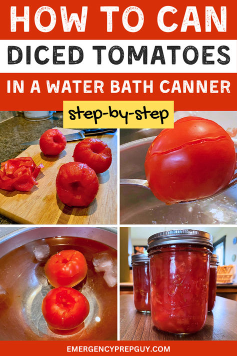 Step-by-step visuals of how to can diced tomatoes, showing peeled tomatoes on a cutting board, a tomato being blanched, tomatoes in an ice bath, and jars of preserved diced tomatoes ready for storage after water bath canning. How To Water Bath Canning, Waterbath Canning Recipes Tomatoes, Steam Canning Tomatoes, Canning Recipes For Beginners Water Bath, Water Bath Canning Tomatoes, Diced Tomatoes Canning, Canning Recipes Water Bath, Waterbath Canning Recipe, Canning Tomatoes Water Bath