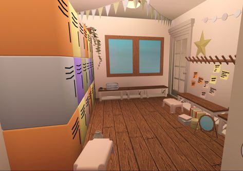 School Gym Bloxburg, Bloxburg Gymnastics Gym, Bloxburg School Gym Ideas, Bloxburg Gym Layout, Daycare Bloxburg Layout, Bloxburg Home Gym, Bloxburg Dance Studio, Bloxburg Treehouse, Gym Bloxburg