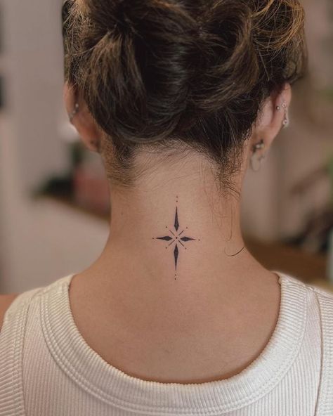 Behind The Neck Tattoos, Back Of Neck Tattoos For Women, Neck Tattoos For Women, North Star Tattoos, Small Star Tattoos, Small Neck Tattoos, Side Neck Tattoo, Neck Tattoos Women, Back Of Neck Tattoo