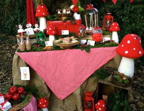 Gnome Garden Birthday Party, Red Riding Hood Decorations, Red Riding Hood Birthday Theme, Little Red Riding Hood Birthday Party, Mushroom Birthday Party Decor, Gnome Party Decorations, Mushroom Party Ideas, Woods Birthday Party, Mushroom Party Decorations