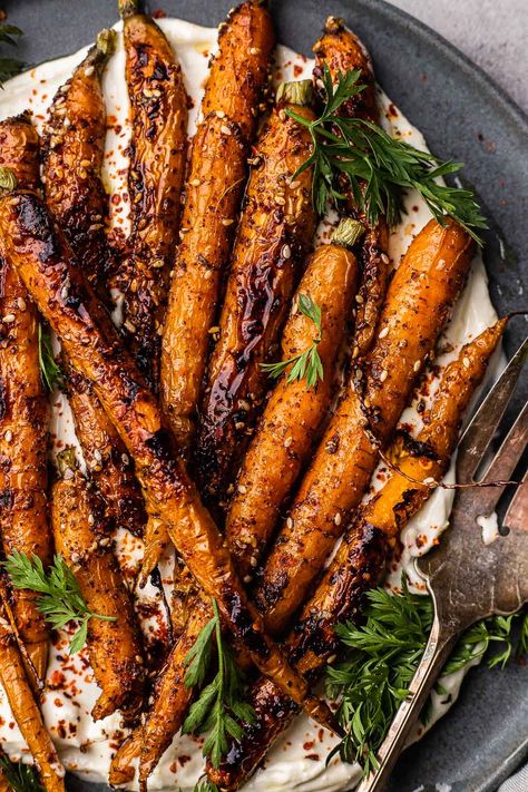 Roasted Carrots with Whipped Feta | So Much Food Roasted Fall Veggies Thanksgiving, Roast Dinner Vegetables, Savory Cooked Carrots Recipe, Medeteranian Vegetable Recipes, Roasted Beets And Carrots With Feta, Roasted Vegetables With Whipped Feta, Christmas Carrot Recipe, Gourmet Side Dishes For Steak, Colored Carrots Roasted