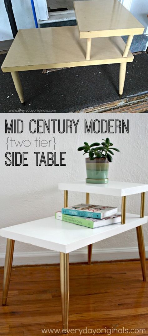 67 Furniture Makeovers That'll Totally Inspire You: Side table makeover from Everyday Originals Two Tier Side Table, Mid Century Modern End Table, Mid Century Modern Side Table, End Table Makeover, Side Table Makeover, Modern End Table, Modern End Tables, Furniture Rehab, Table Makeover