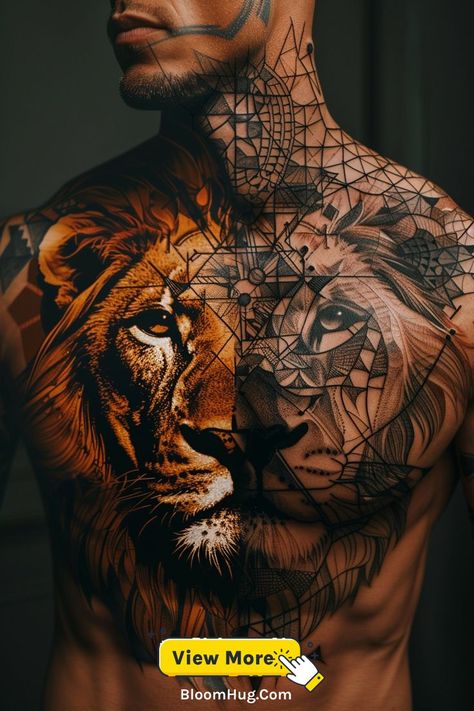 This design features a lion's face in a geometric pattern with clean lines, detailed shading, and symmetrical shapes, perfect for a bold chest tattoo. Tattoo For Men Ideas, Geometric Lion, Geometric Tattoos, Chest Piece, Chest Tattoo, Sleek Fashion, Geometric Art, The Lion, Triangles