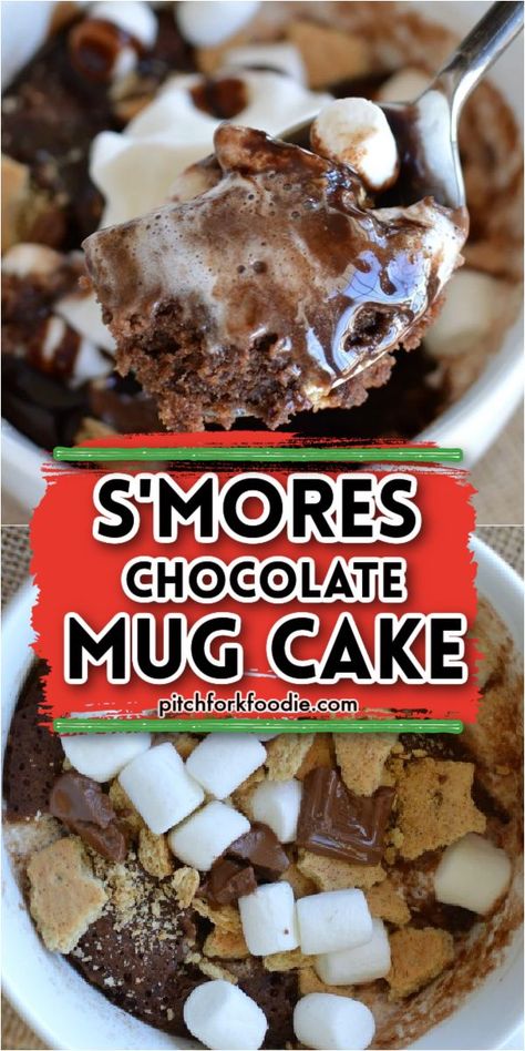 This S'mores Chocolate Mug Cake from Pitchfork Foodie is a quick and delicious dessert. Stir the ingredients up, pop this baby in the microwave and one minute later you have a mug full of that warm ooey gooey chocolate you’ve been craving all afternoon long! S’mores Mug Cake, Smores Mug Cake, Gooey Chocolate Mug Cake, Molten Lava Cakes, Chocolate Mugs, Chocolate Mug Cakes, Best Cake Recipes, Fudge Sauce, Microwave Recipes