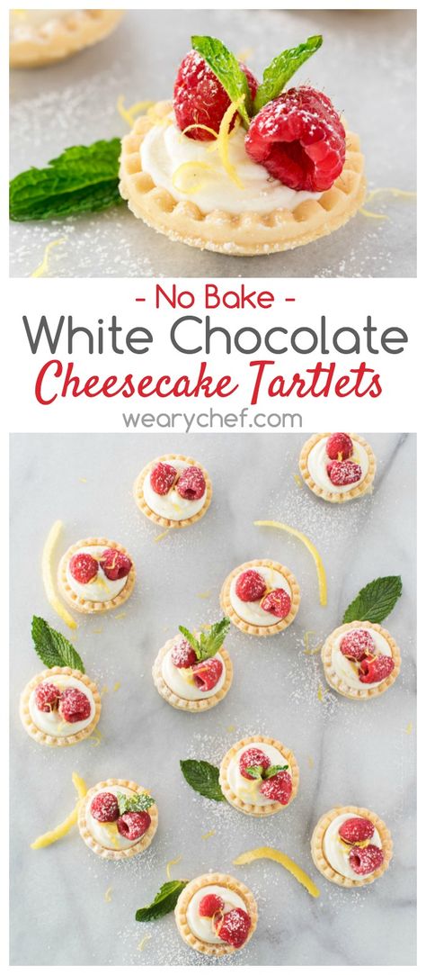 These mini No Bake White Chocolate Cheesecake Tartlets with lemon are a perfectly easy summer dessert! No Bake White Chocolate Cheesecake, Cheesecake Tartlets, Tarts Dessert, Baked White Chocolate Cheesecake, Easy Summer Dessert, Summer Appetizers Easy, Patisserie Fine, Cheesecake Tarts, White Chocolate Cheesecake