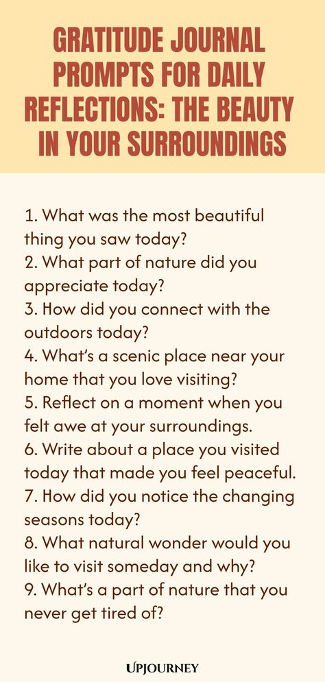 Embrace the beauty around you and practice daily gratitude with these journal prompts. Reflect on the little joys in your surroundings that uplift your spirit and bring positivity into your life. Start each day with a moment of thankfulness for the beauty that surrounds you, both big and small. Let these prompts guide you in cultivating a mindset of gratitude and appreciation for the world around you. Take time to pause, explore, and appreciate everything that brings light to your days. Gratitude Journaling Prompts, Gratitude Journaling Ideas, Nighttime Journal, Healing Activities, Everything Journal, Manifestation Journaling, Question Prompts, Journal Thoughts, Improve Relationship