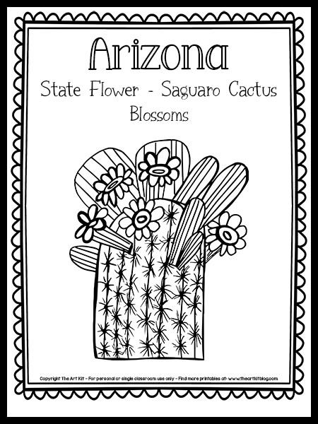 Arizona Activities For Preschool, Arizona Crafts For Kids, Arizona Coloring Pages, Cactus Outline Free Printable, Saguaro Cactus Flower Drawing, Arizona State Flower, Saguaro Flower, Cactus Facts, Cactus Wren