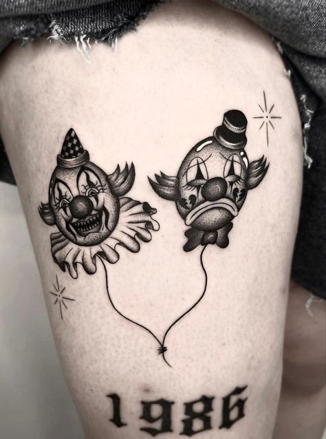 Double Mask Tattoo, Happy Clown Tattoo, Scary Clown Tattoo, Vintage Clown Tattoo, Clown Tattoo Design, Clown Face Tattoo, Clown Tattoos, Cartoon Tattoo Ideas, Circus Tattoo