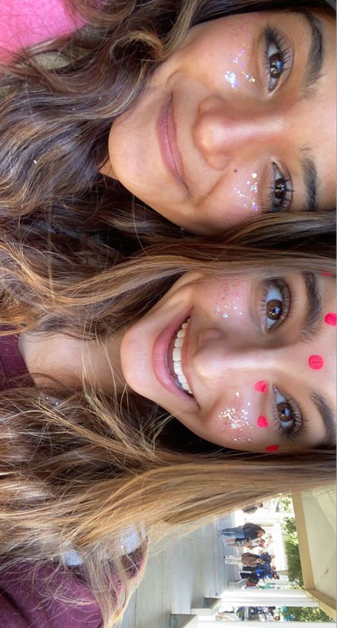 Color Wars Face Paint, Pep Rally Makeup High Schools, Glitter Face Paint Football Game, Pink Out Football Game Makeup, Pink Out Football Game Face Paint, Pink Face Paint School Spirit, Neon Face Paint Ideas For Football Games, Pink Out Face Paint Spirit Week, Football Face Paint High School