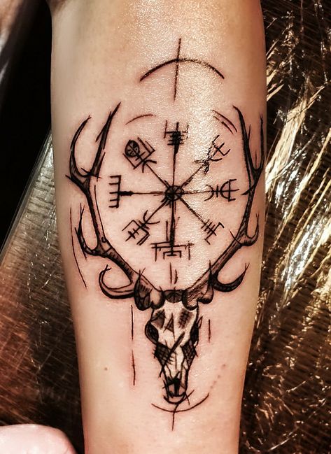 Nordic Deer Tattoo, Norse Tattoo Men, Country Tattoos For Men, Viking Tattoo Ideas, Vegvisir Tattoo, Deer Head Tattoo, Deer Skull Tattoos, Stag Tattoo, Pagan Tattoo