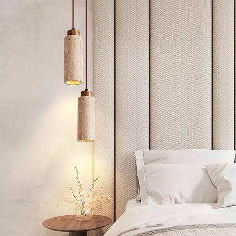 Wabi Sabi Bedroom, Long Pendant Lights, Modern Japanese Style, Pendant Lamps Bedroom, Stone Lighting, Wood Lamp Shade, Bedroom Pendant, Yellow Marble, Chandelier Bedroom