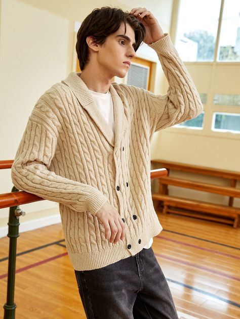 Double Breasted Cardigan, Shein Men, Dapper Dan, Cable Knit Cardigan, Amazing Products, Drop Shoulder, Cable Knit, Knit Cardigan, Double Breasted