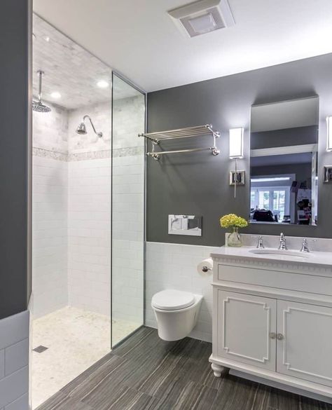 white and gray small bathroom ideas -Partway white and grey on the walls Bathroom Paint Colors With Grey Tile, Gray Small Bathroom Ideas, Small Gray Bathroom Ideas, Gray Small Bathroom, Small Gray Bathroom, White Gray Bathroom, Colors With Grey, White And Grey Bathroom, Grey Feature Wall