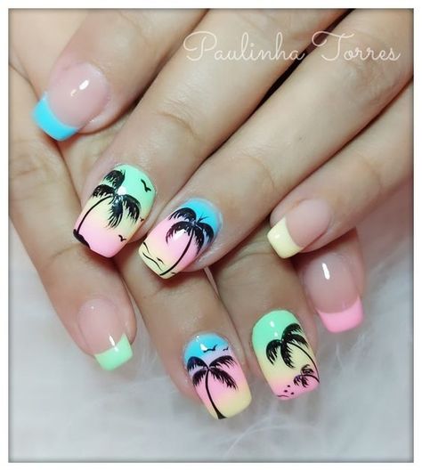 Hawaiian Manicure Ideas, Tropical Nail Designs Bright Colors, Bahama Nails Beach, Beach Nail Art Designs Summer, Maldives Nails Design, Island Nails Tropical Simple, Beach Design Nails, Palm Tree Nails Design, Island Nails Designs