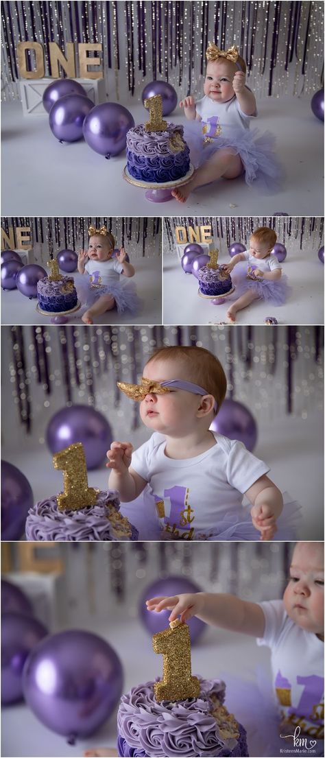 1st Birthday Purple Theme, Purple First Birthday Cake, Purple And Gold 1st Birthday Party, Purple Smash Cake, Violet First Birthday Party, Purple And Gold Theme, Cake Smash Purple Theme, Purple Cake Smash, Purple Butterfly Smash Cake