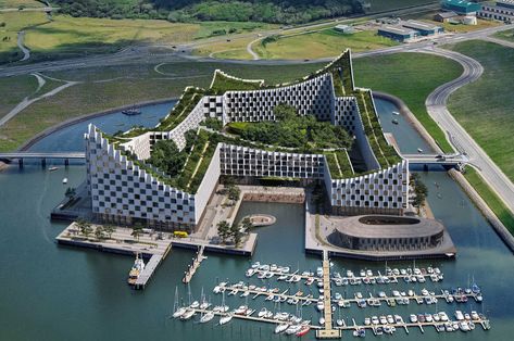 This sustainable floating education + innovation hub by BIG is an entire city in one building - Yanko Design Hospital Facade, Building Typology, Sloping Roof, Bjarke Ingels Group, Danish Architecture, Adobe Software, Bjarke Ingels, Sustainable City, Storm Surge