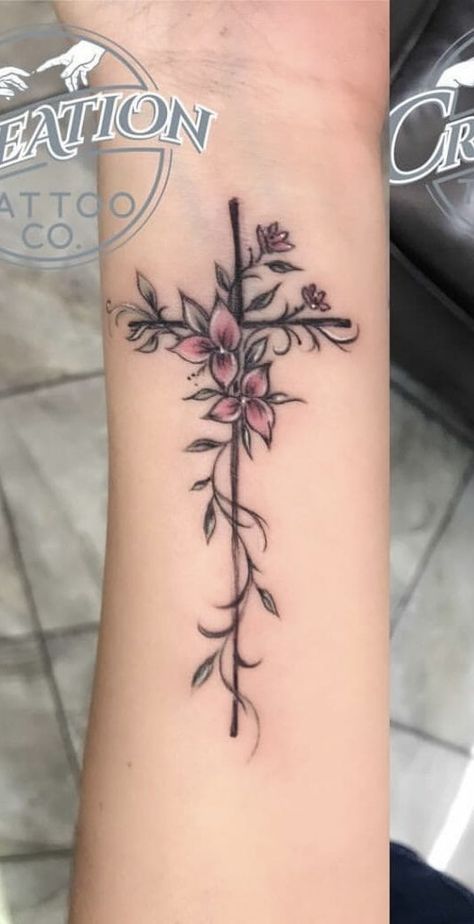 Cross Arm Tattoo Women, Plume Tattoo, Pretty Cross Tattoo, Antler Tattoos, Feminine Cross Tattoo, Faith Tattoos, Unique Cross Tattoos, Tattoos For Dad Memorial, Cross Tattoo On Wrist