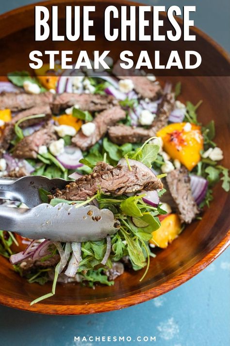 This grilled steak salad with ripe peaches is the perfect light meal to end summer. Served with arugula, it has a nice mix of flavors and is filling enough to work as a meal! Yay for grilled peaches! macheesmo.com #grill #peaches #steak #salad Blue Cheese Steak, Blue Steak, Flank Steak Salad, Steak With Blue Cheese, Grilled Steak Salad, Dijon Vinaigrette, Peach Salad, Steak Salad, Steak Fajitas