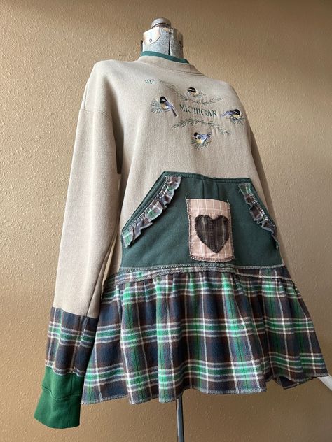 Upcycled Vintage Granny Sweatshirt Tunic Bird Applique Plaid Flannel Ruffled Medium to Large - Etsy Sweatshirt Dress Diy, Flannel Shirt Refashion, Ropa Upcycling, Shirt Makeover, Sweatshirt Makeover, Sweatshirt Refashion, Denim Crafts Diy, Upcycled Dress, Upcycle Sweatshirt