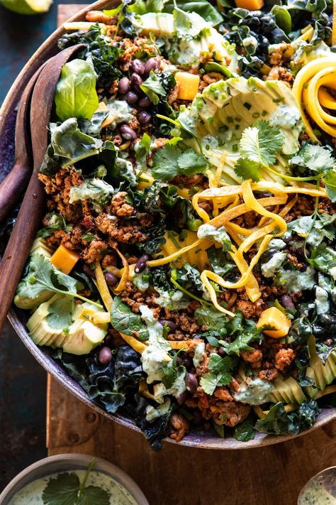 Half Baked Harvest Turkey, Tacos Salad, Turkey Taco Salad, Spicy Turkey, Half Baked Harvest Recipes, Salad Avocado, Turkey Taco, Fancy Dinner Recipes, Turkey Tacos