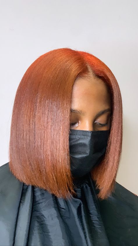 Ginger Relaxed Hair, Slick Press Natural Hair With Color, Ginger Bobs For Black Women, Ginger Hair Black Women Natural Straight, Middle Part Bob Natural Hair, Copper Hair Braids Black Women, Ginger Long Bob Black Women, Ginger Bob Hair Black Women, Ginger Bob Natural Hair