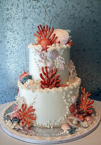 Coral & Shells | by New Rosebud Under The Sea Cake, Sea Cake, Ocean Cakes, Nautical Cake, Sea Cakes, Beach Cakes, Tiered Cake, Creative Birthday Cakes, Mermaid Cakes