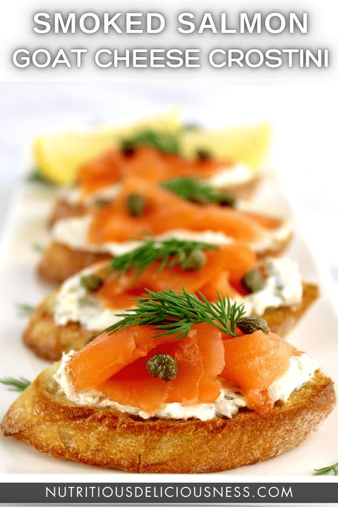 Smoked Salmon and Goat Cheese Crostini This Smoked Salmon and Goat Cheese Crostini features delicate slices of smoked salmon with a lemon, dill and creamy goat cheese spread. Elegantly served on toasted baguette slices, it's the ultimate party appetizer. #crostini #smokedsalmon #easyappetizers Smoked Salmon Tray Ideas, Goat Cheese Crostini Appetizers, Smoked Salmon Goat Cheese, Salmon And Goat Cheese, Appetizer Crostini, Salmon Bruschetta, Smoked Salmon Crostini, Toasted Baguette Slices, Goat Cheese Spread