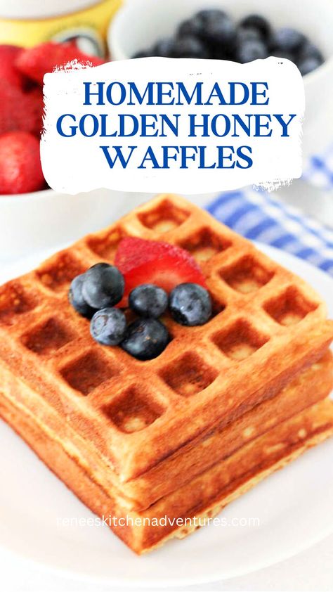 STack of homemade golden honey waffles on a plate ready to eat Homemade Waffle Recipe, Honey Waffles, Whipped Egg Whites, Crispy Breakfast Potatoes, Homemade Waffle, Yummy Waffles, Egg White Recipes, Waffle Iron Recipes, Make Ahead Breakfast Casserole