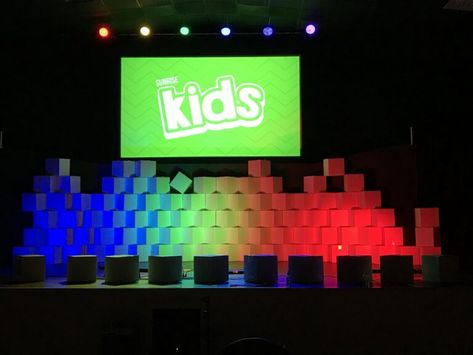 Kids Church Stage Design, Kids Church Stage, Kids Stage Design, Hillsong Kids, Sunday School Classroom Decor, Kids Church Rooms, Kids Church Decor, Lawrenceville Georgia, Kids Worship